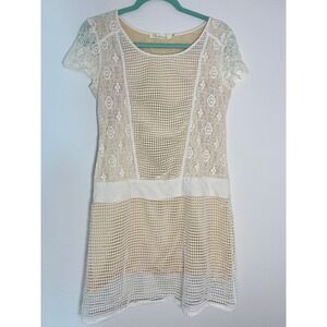 Solitaire Womens Cream White Mixed Lace Mesh Mini Dress Short Sleeve Boho Size M